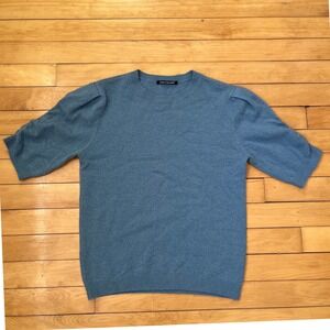 Luisa Cerano Blue Wool Cashmere Puff Sleeve Sweater Crew Neck Knit Top Size 6